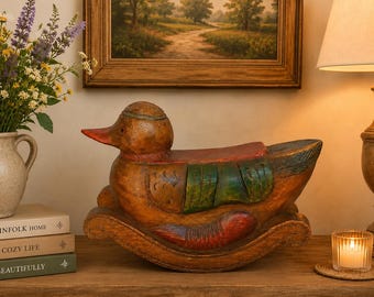 Vintage Scandinavian Wooden Duck Rocker - Nordic Folk Art Decor –- Rustic Vintage Duck Figurine - Farmhouse Decor