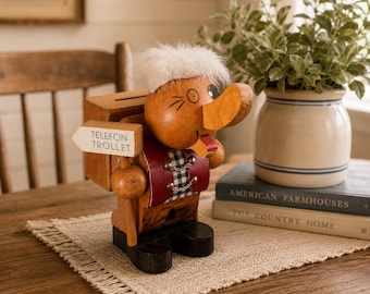 Vintage Norwegian Telefon Trollet Wooden Troll Coin Bank – Scandinavian Folk Art Telephone Troll – Norway Nordic Decor