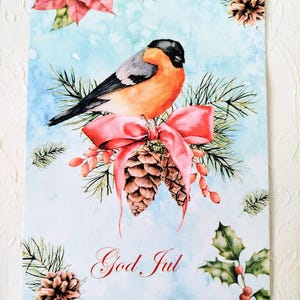 Cartão de Natal God Jul Bullfinch - Cena de inverno Bullfinch e pinhas - Cartões postais suecos e noruegueses