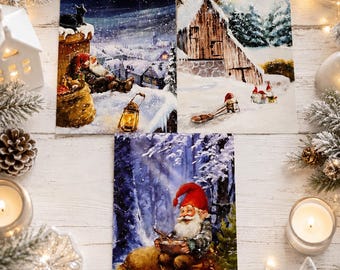 3 Swedish Norwegian Christmas Cards | God Jul Scandinavian Holiday Cards | Nordic Santa Nisse Tomte Gnomes |  Winter Holiday Cards Lot