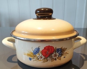 Vintage pot émaillé marron, ELO Allemagne - Motif de fleurs colorées marron - Beau pot allemand émaillé