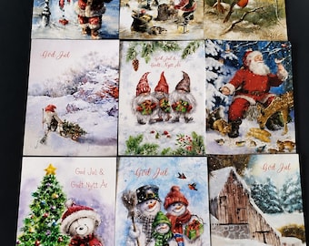 9 Swedish Norwegian Christmas Cards | God Jul Scandinavian Holiday Cards | Nordic Santa Nisse Gnomes Snowmen | Christmas Card Lot