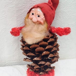 1950s Scandinavian Pine Cone Gnome -  Handmade Pipe cleaner Chenille Elf - Christmas Decoration - Nordic Holiday Collectible Farmhouse Decor