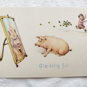 Gledelig Jul - Norwegisch Dänischer Weihnachtskarte - Weihnachts Schwein und Junge - Nordischer Gruß Postkarten