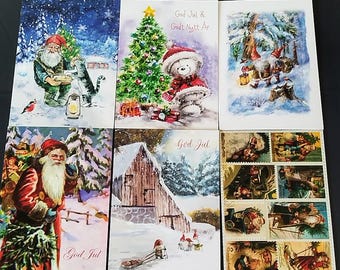 6 Swedish Norwegian Christmas Cards | God Jul Scandinavian Holiday Cards | Nordic Santa Nisse Gnomes Snowmen | Christmas Card Lot