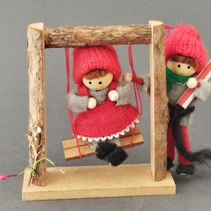 Vtg. Handmade Norwegian Christmas Elves felt Gnome sitting on a swing -  Norway Nisse Gift - Scandinavian Christmas  Decor
