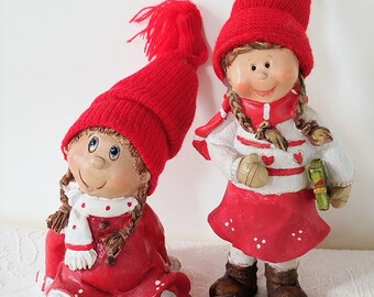 Two Nordic Christmas Winter Gnome Girls  - Christmas Elf Decor - Nisse Tomte Swedish Norwegian Denmark - Elf figurines gift