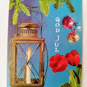 Carte de Noël God Jul - carte vintage avec lanterne et fleurs - cadeau Suède Danemark Norvège - carte rétro des années 1980