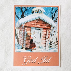 Vtg. Cartolina di Natale norvegese - Donna in Bunad che suona la campana della chiesa - Dio Jul - Cartoline di auguri scandinave inutilizzate - Regalo Norvegia