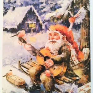 Biglietto di auguri natalizio scandinavo - Nisse Tomte con ciuffolotto che suona la chitarra - Cartoline di auguri norvegesi svedesi