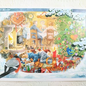 Biglietto di Natale norvegese - Scena della vigilia di Natale - Cena in famiglia con ragazzo addormentato - God Jul - Saluto scandinavo Cartolina - Regalo norvegese