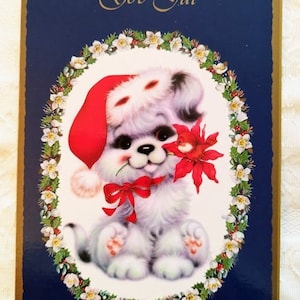 Cartão de Natal nórdico God Jul - Filhote de cachorro fofo segurando uma poinsétia - Cartão postal de saudação sueca norueguesa vintage