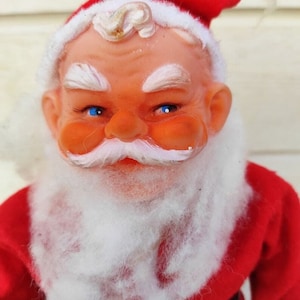 VINTAGE Japan SANTA CLAUS Doll - Black Plastic Boots, Rubber face - Mid Century Father Christmas Ornament - Holiday decor