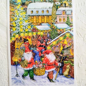 Tarjeta navideña nórdica: elfos de compras en invierno, sueco noruego Nisse/Tomte, postal vintage con saludos de Dios Julio