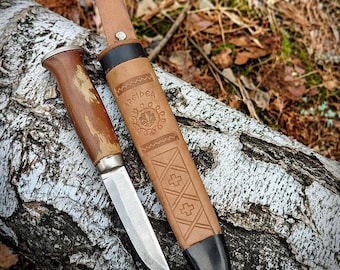 Vintage Norwegian Geilo Scout Knife with Leather Sheath – Nordic Speider Knife – Wood Handle Hunting Knife – Collectible Outdoor Tool