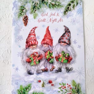 Carte de Noël Nordic God Jul - Beaux gnomes avec des cadeaux - Bonne année Tomte suédois Nisse Tomte norvégien voeux Cartes postales