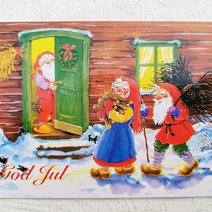 Cartão de Natal nórdico God Jul - Gnomos adoráveis na neve - Cartão postal de saudação Sueco Tomte Norueguês Nisse Tomte