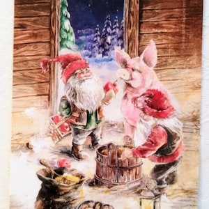 Carte de Noël scandinave - Nains norvégiens suédois qui nourrissent un cochon - Cartes de vœux nordiques