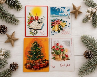 Set of 4 Vintage Swedish & Norwegian Christmas Postcards Unused  - God Jul Scandinavian Holiday Cards  - Nordic Ephemera