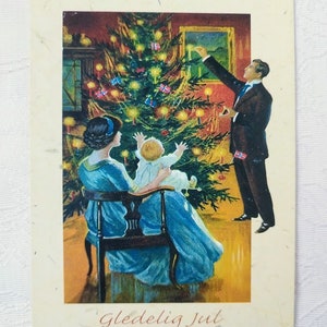 Gledelig Jul - Carte de Noël norvégienne - Famille autour du sapin de Noël - Norvège Carte postale de voeux Dieu Jul