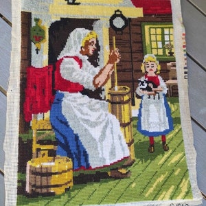 Lovely Norwegian Needlepoint Picture - Woman Churning butter with child Farmhouse Country Scene -Norway  Embroidered Tapestry