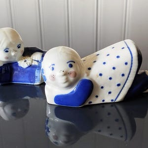 Two 1970s Porsgrund Figurines Design by Kirsten Laub Eberlein - Collectible Norwegian Scandinavian Ornament - Blue and white boy girl Decor