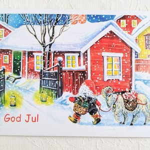 Swedish God Jul-kerstkaart - Kabouter op pad met geit die cadeautjes brengt - Zweedse Tomte - Scandinavische groet Briefkaart