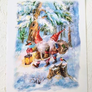 Carte de Noël norvégienne Nisse, suédoise Tomte - De charmants gnomes faisant des cadeaux avec des oiseaux - Cartes postales de voeux nordiques