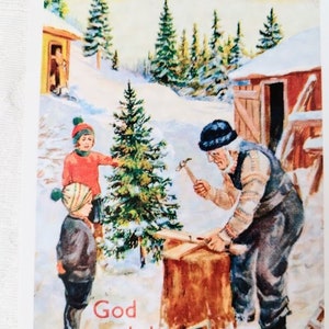 Biglietto di Natale norvegese vintage - Natale in campagna - God Jul - Cartoline di auguri scandinave inutilizzate - Regalo norvegese