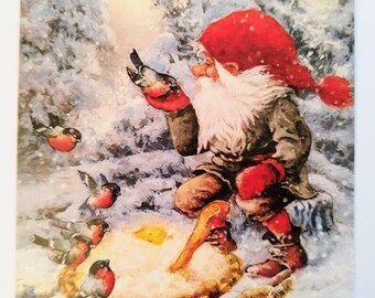 Swedish Tomte Norwegian Nisse Christmas Card - Lovely Gnome sitting with rice porridge and animals - Scandinavian greeting Postcards