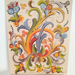 Signed 1985 Norwegian Rosemaling Telemark Wall Hanging- Norway Folk Art - Vintage Scandinavian - Cottage Farmhouse  Decor