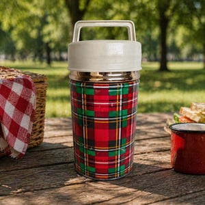 Könnte beinhalten: Eine Vintage-Thermoskanne mit einem rot-grün-gelben Karomuster, einem weißen Deckel und Griff sowie einem goldfarbenen Band. Eine rote Emaille-Tasse und ein Picknickkorb mit einem rot-weiß karierten Tuch sind ebenfalls im Bild.