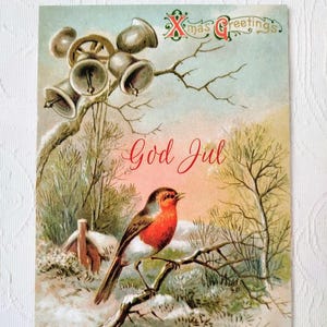 Biglietto di auguri natalizio God Jul - Scena invernale con grazioso uccello - Cartoline di auguri svedesi norvegesi