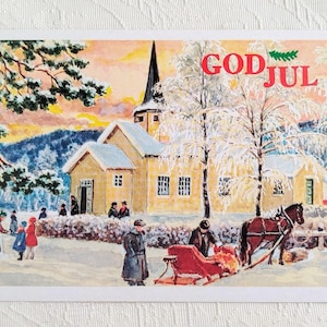 Tarjeta navideña del dios nórdico Jul: hermosa escena invernal con gente asistiendo a la iglesia: postal de saludo sueco noruego Nisse