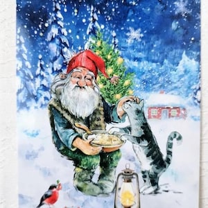 Cartão de Natal sueco Tomte Norwegian Nisse - Gnomo adorável sentado com mingau de arroz e gato, dom-fafe - Cartões postais nórdicos de saudação