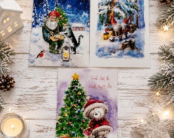 3 New Swedish Norwegian Christmas Cards – God Jul Nordic Tomte Nisse Santa - Scandinavian Xmas Holiday Cards