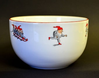 Cuenco redondo para servir de porcelana NISSE Elves Christmas de Porsgrund - Elfos noruegos Gnomos - Decoración escandinava