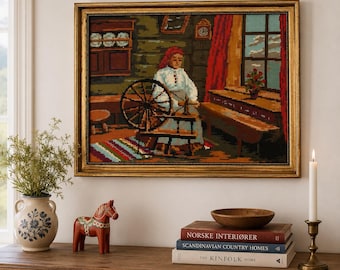 Vintage Scandinavian Needlepoint Wall Art – Framed Norwegian Tapestry, Woman at Spinning Wheel, Nordic Folk Art Decor