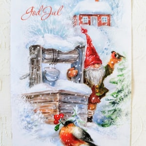 Biglietto natalizio norvegese Nisse, svedese Tomte, adorabile gnomo in inverno accanto a un pozzo con uccelli, cartoline di auguri del dio nordico Jul
