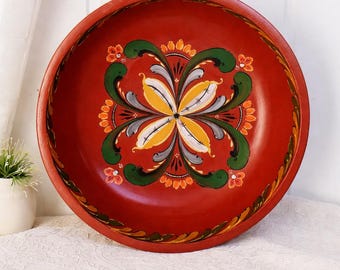 Vtg. Norwegian Hand Painted Rosemaling  Wood Bowl - Wall Hanging - Folk Art Scandinavian - Norway