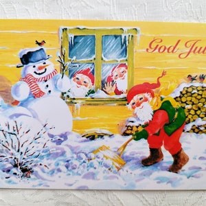 Biglietto di Natale scandinavo – adorabili gnomi con pupazzi di neve – cartoline di auguri svedesi Tomte e norvegesi Nisse Tomte