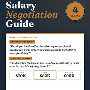 May include: A digital Salary Negotiation Guide document featuring white text on a dark blue grid background. It includes four scripts, a counter-offer example, and a three-number strategy section displaying floor, target, and stretch salary figures.