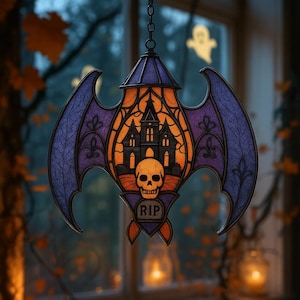 Bat Lantern Acrylic Suncatcher, Halloween Hanging Lantern for Spooky Decor, Gothic Bat Pendant Light, Halloween Gothic Decor