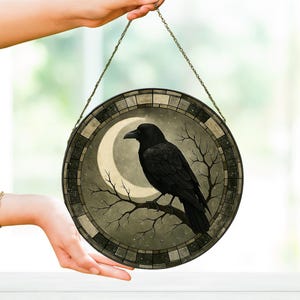 Raven Stained Glass Suncatcher, Gothic Crow Window Hanging, Unique Indoor Home Decor, Halloween Gift, Housewarming Gift Idea for Dark Theme