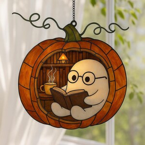 Custom Reading Book Ghost Faux Stained Glass Acrylic Suncatcher, Spooky Reading Nook Window Decor for Halloween, Gothic Book Lovers Gift