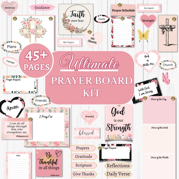 Gebedsbord Kit afdrukbaar, Bijbelverzen, christelijke Schrift, gebed, muurcollage - roze bloemeneditie