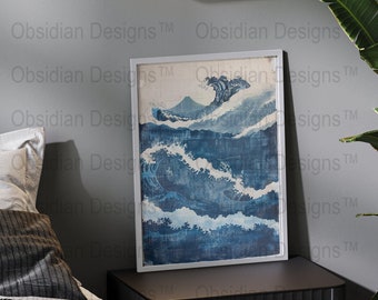 Vintage Ocean Waves Print, Japanese Style Wall Art, Blue Nautical Decor, Digital Download, Coastal Living Room Illustration, Sea Poster