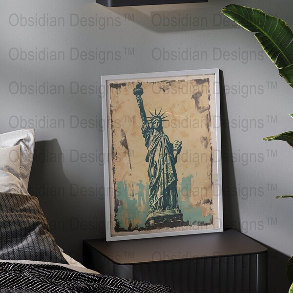 Vintage Statue of Liberty Art, Digital Download, Rustic Americana Decor, Iconic Landmarks Print, Retro Wall Art