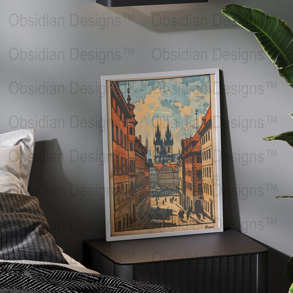 Vintage Prague Print, Retro City Skyline, Digital Download, Bohemian Decor, Travel Poster Art, European Scenery Illustration