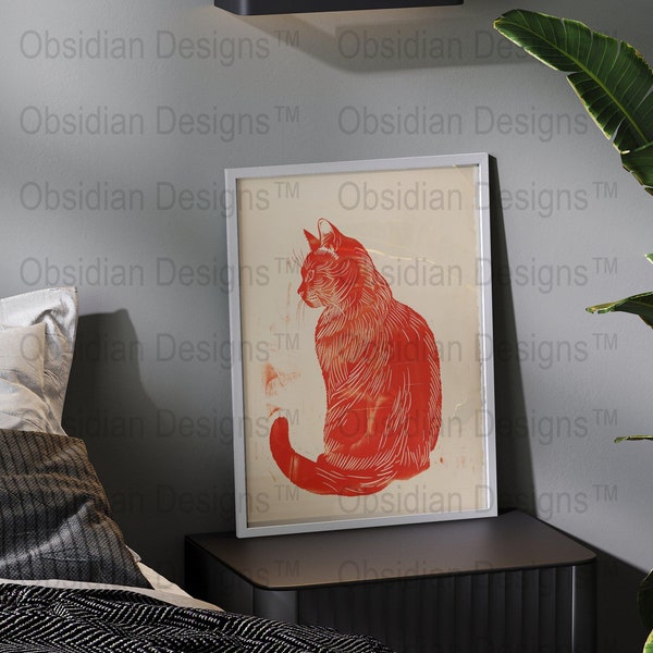 Red Cat Digital Print, Modern Feline Artwork, Home Decor Wall Art, Animal Lovers Gift, Printable Poster, Instant Download
